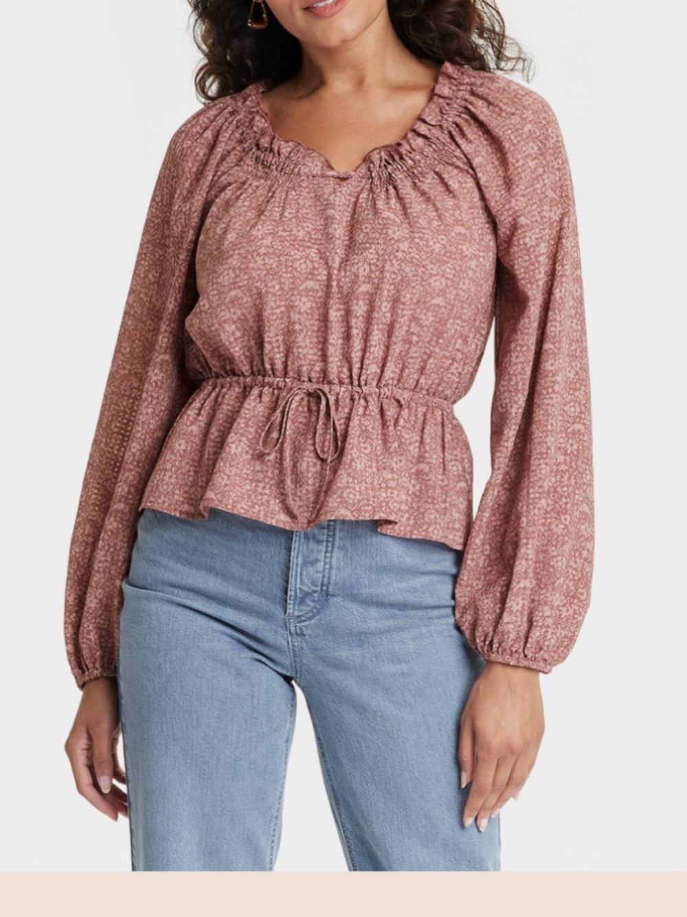 Universal Thread Dusty Mauve Smocked Peplum Long-Sleeve Blouse Size XL